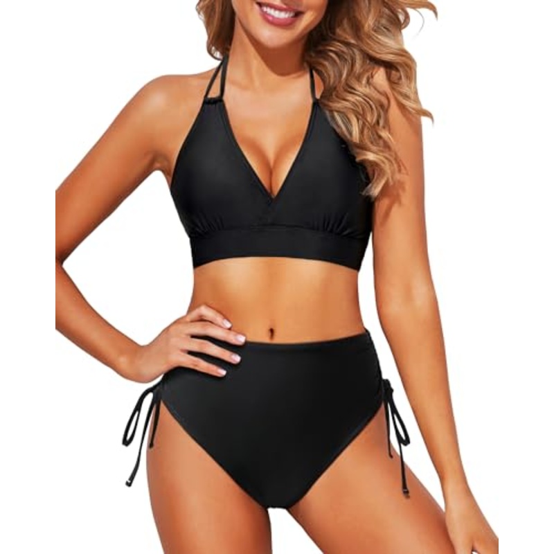 Halter V-Neck Top Drawstring High Waist Bikini Set