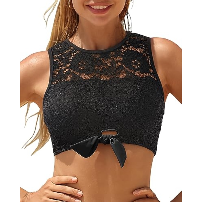 High Neck Swim Top Tie-Front Lace Crop Top