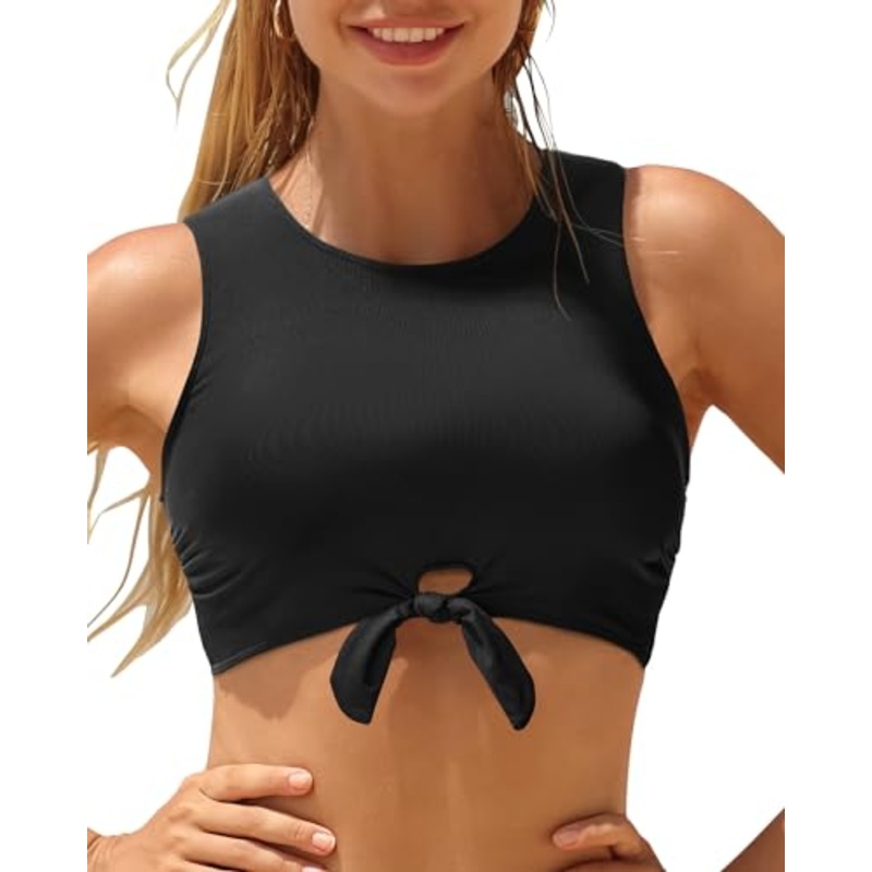 High Neck Tie Front Keyhole Crop Top
