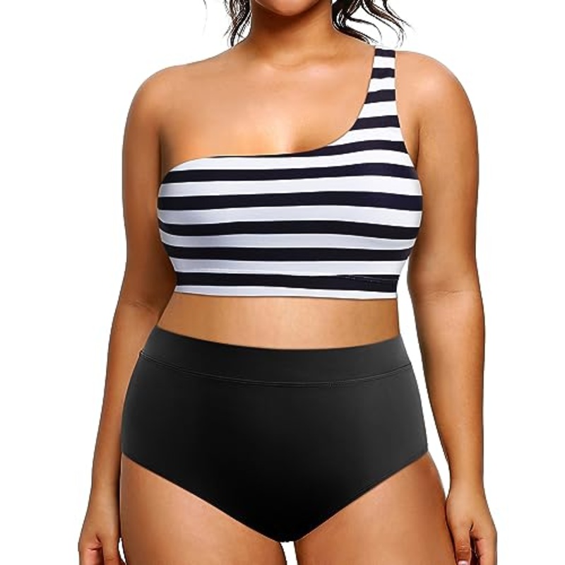 Plus Size One Shoulder Top & High Waist Two Piece Set