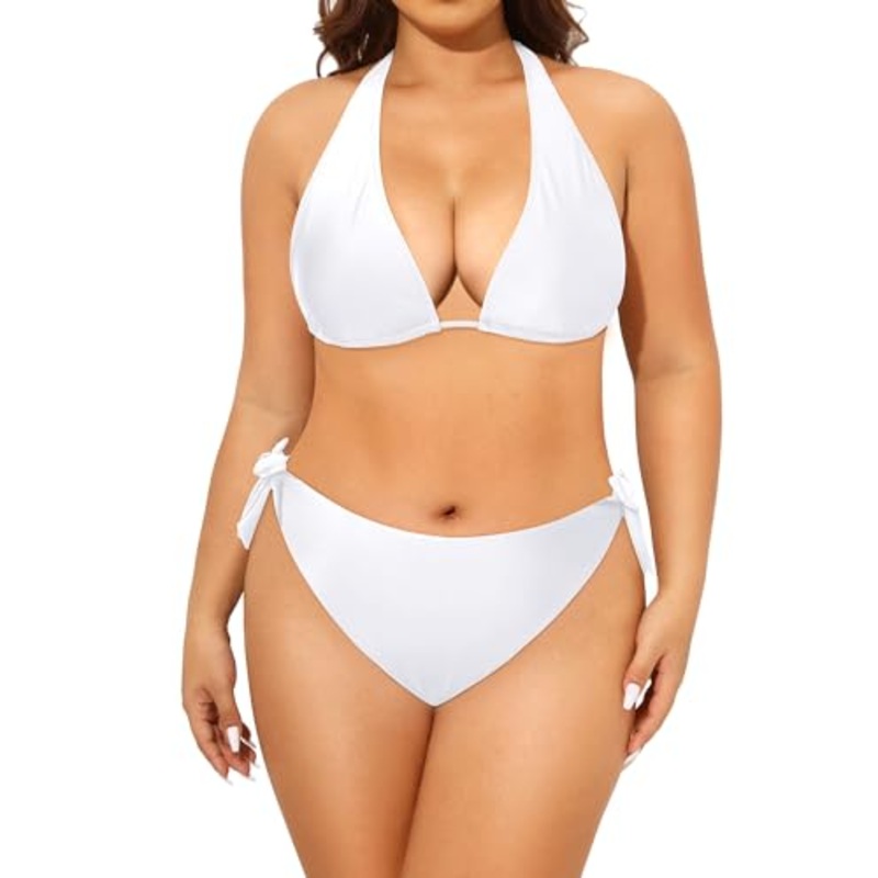 Plus Size Triangle Bikini Mid Waist Two Piece Halter Tie Side Swimsuit For Women