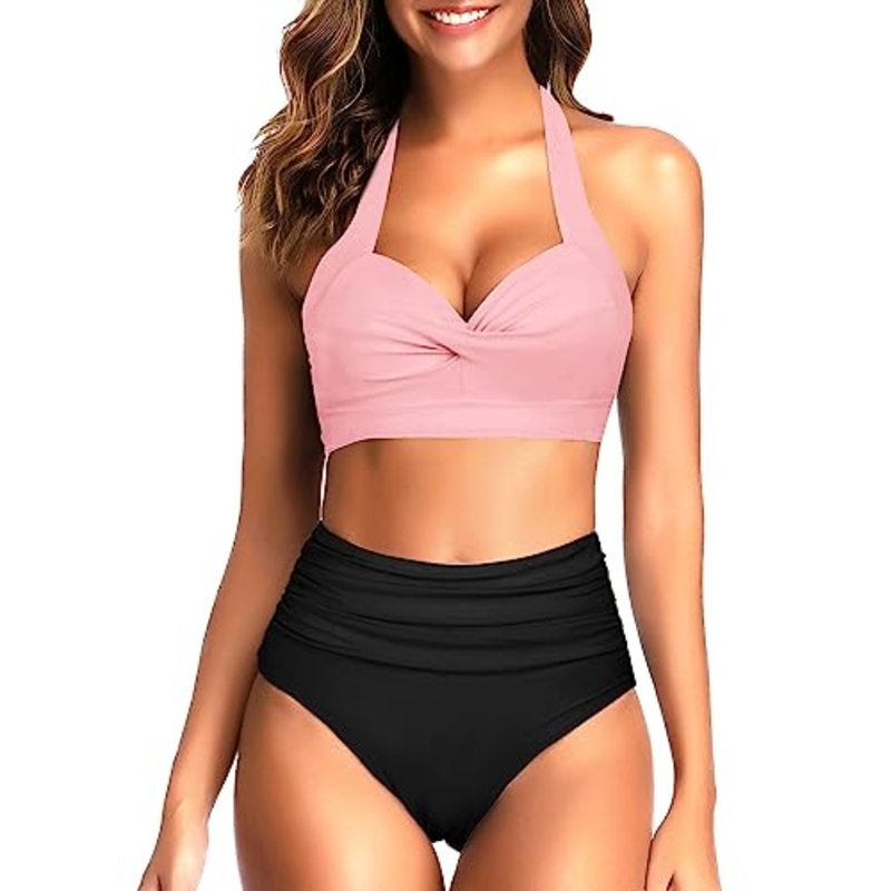 Retro Halter Two Piece Ruched Bikini Sets