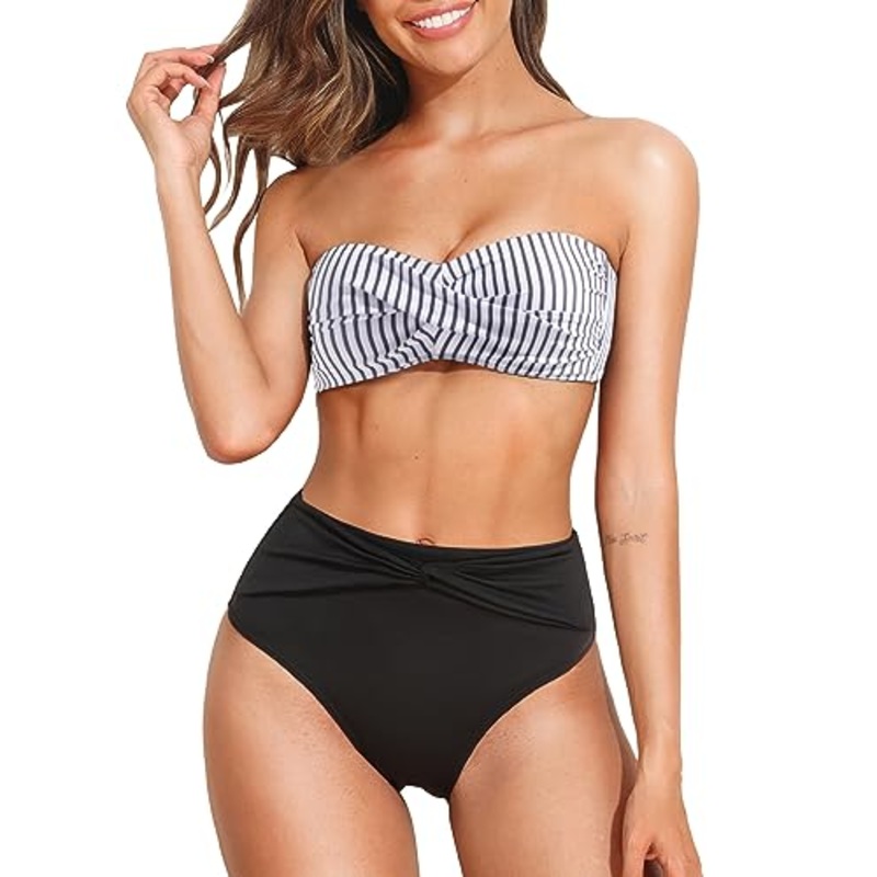 Twist Front Bandeau Bikini Top & High Waist Two Piece Set