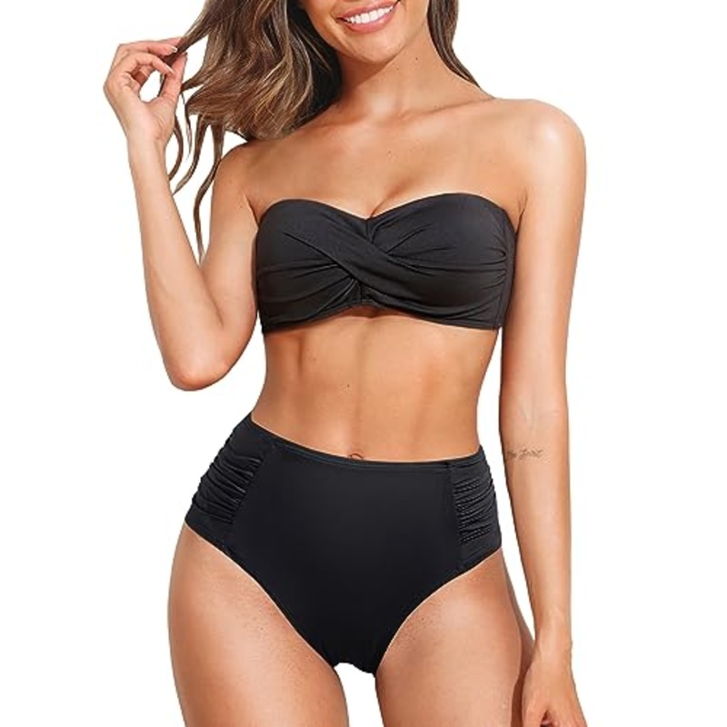 Twist Front Bandeau Top & High Waist Bikini Set