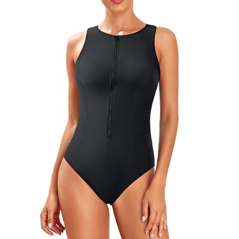 Women Athletic One Piece Swimsuit Zipper High Neck Bathing Suit Racerback Swimwear
