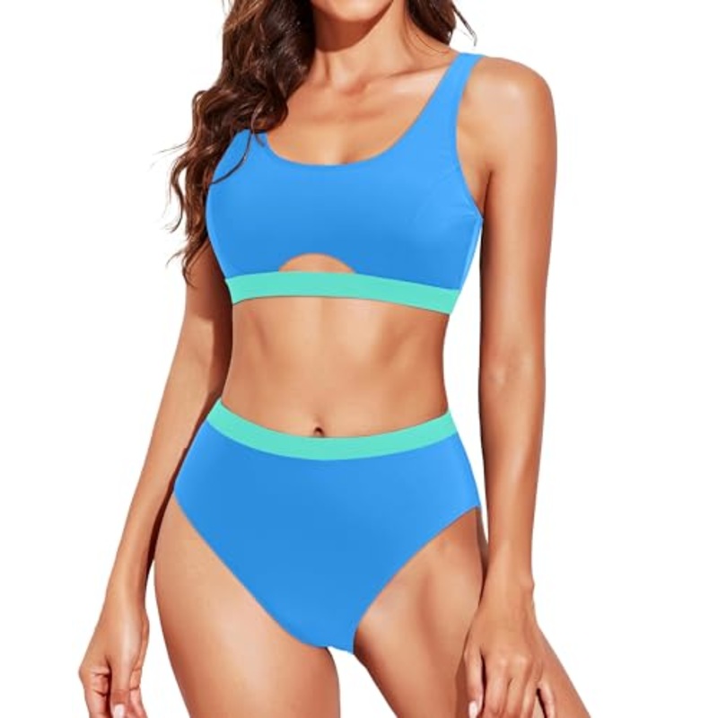 Women High Waisted Bikini Set Two Piece Swimsuits Sport Bathing Suits Cutout Swimwear with Bottoms