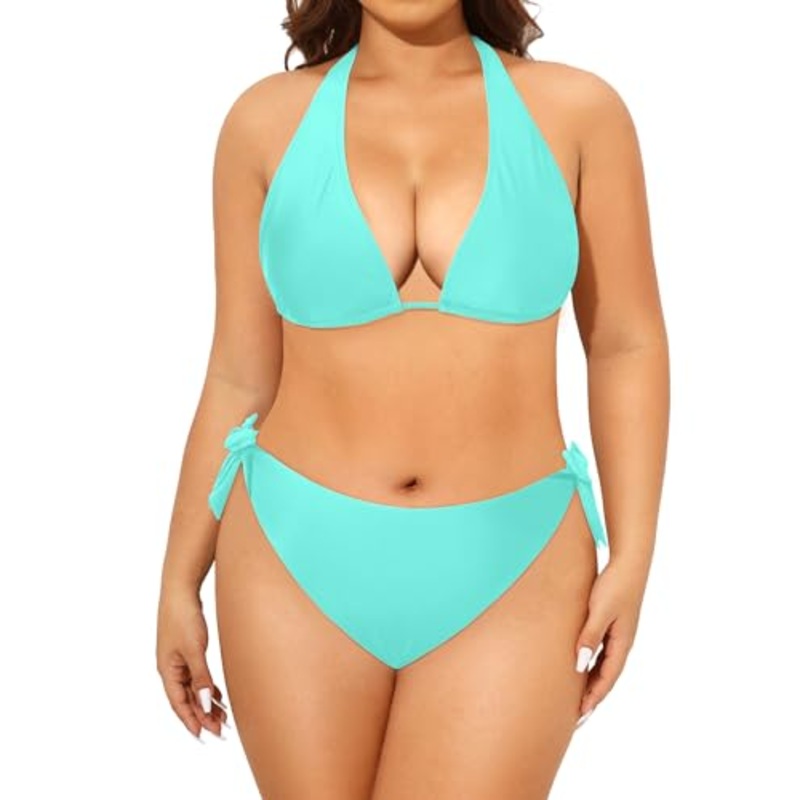 Women Plus Size Triangle Bikini Mid Waist Two Piece Halter Tie Side Swimsuit Black 22 Plus Bathing Suit