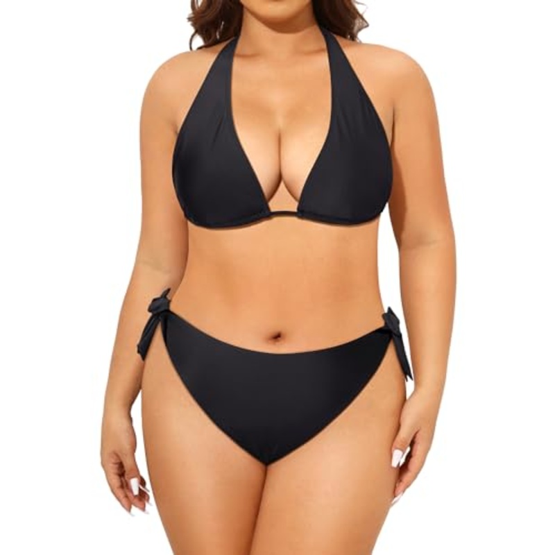 Women Plus Size Triangle Bikini Mid Waist Two Piece Halter Tie Side Swimsuit Black 22 Plus Swimwear