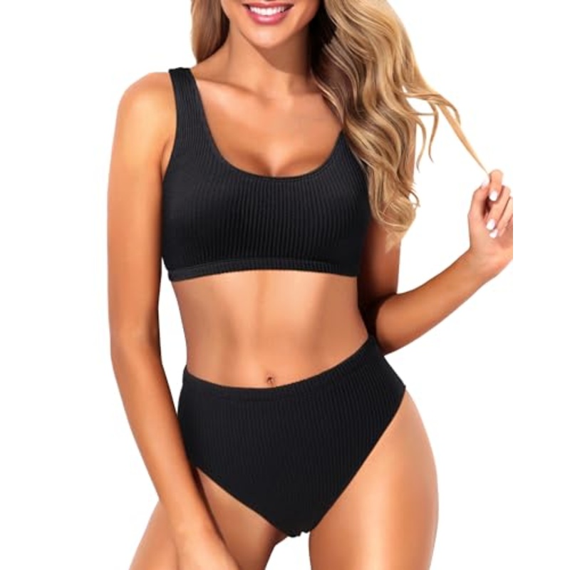 Women Two Piece Scoop Neck Bikini Crop Top High Cut Swimsuit Sporty High Waisted Bathing Suit with Bottoms