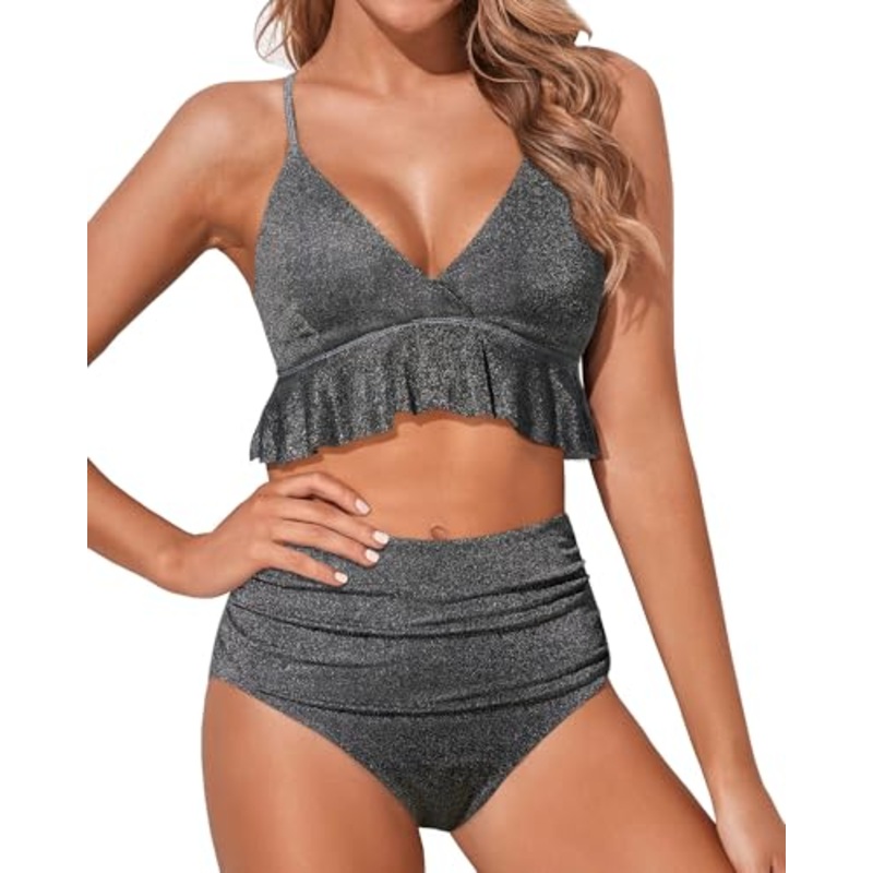 Women Two Piece Swimsuits High Waisted Bikini Set Ruffle Flounce Tummy Control Bottoms Bathing Suit