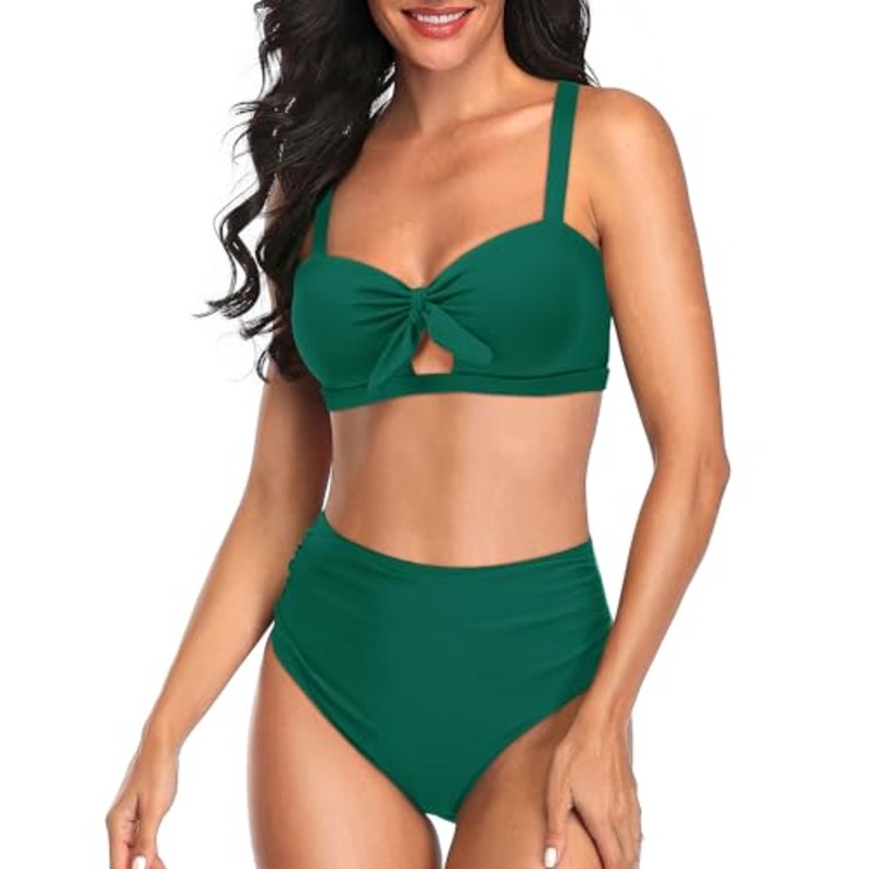 Women Two Piece Vintage High Waisted Bikini Set Tummy Control Ruched Tie Knot Bathing Suits