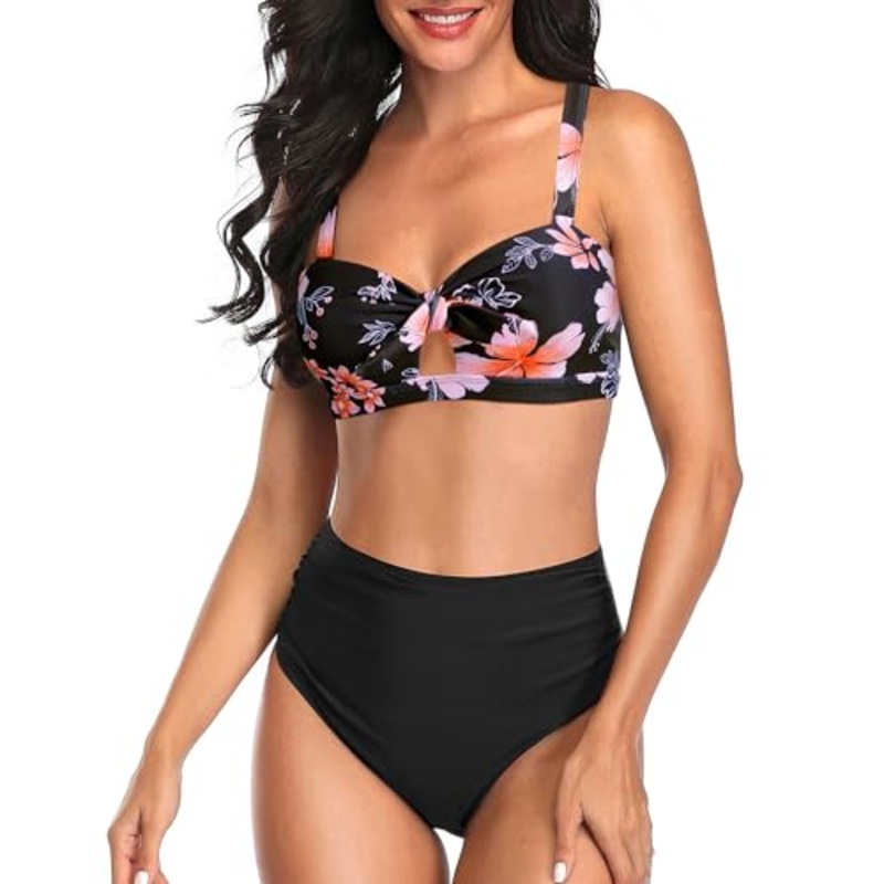 Women Two Piece Vintage Swimsuits High Waisted Bikini Set Tummy Control Ruched Tie Knot Bathing Suits