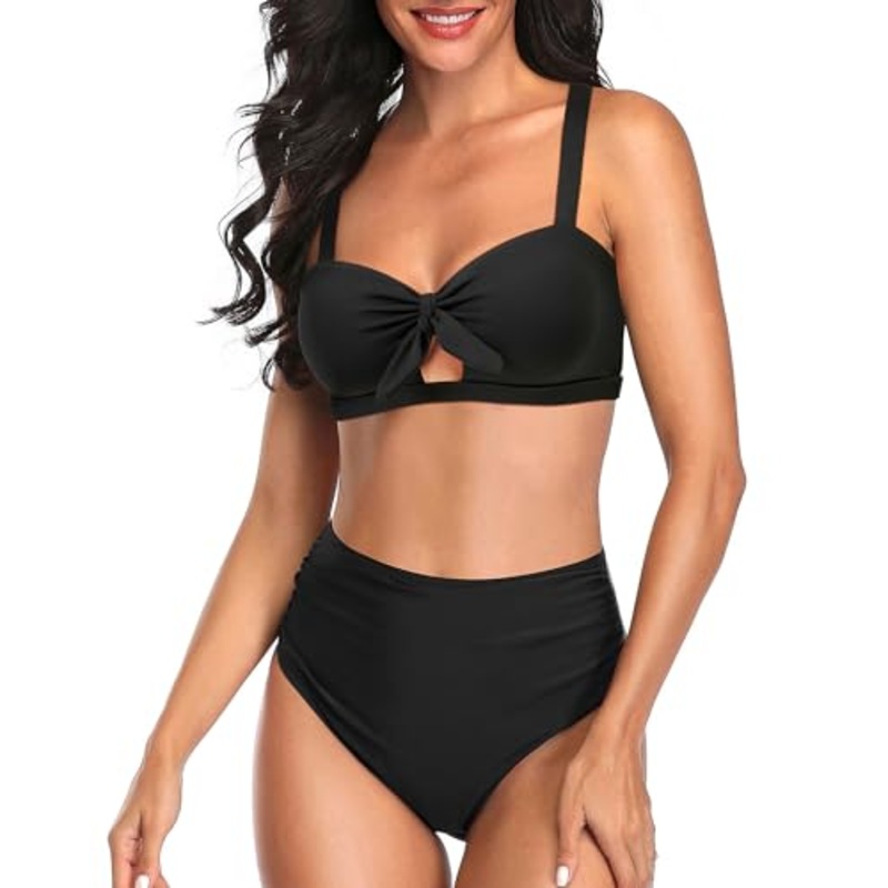 Women Two Piece Vintage Swimsuits High Waisted Bikini Set Tummy Control Ruched Tie Knot Swimwear