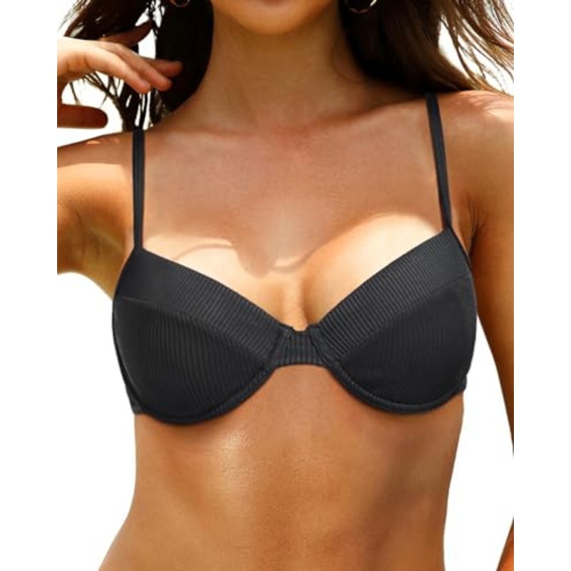 Women Underwire Bikini Top Push Up Bathing Suit Top Bra Sized Ribbed Swimsuit Top Only