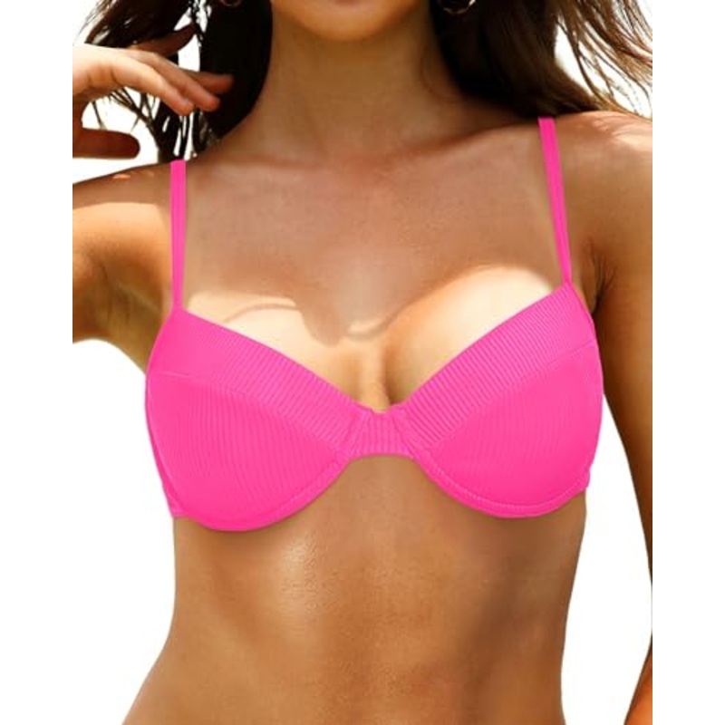 Women Underwire Bikini Top Push Up Swimwear Top Bra Sized Ribbed Swimsuit Top Only