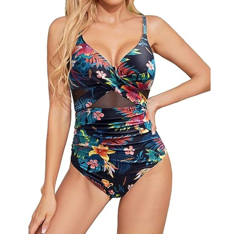 Wrap Front Mesh Cutout One Piece Swimsuit