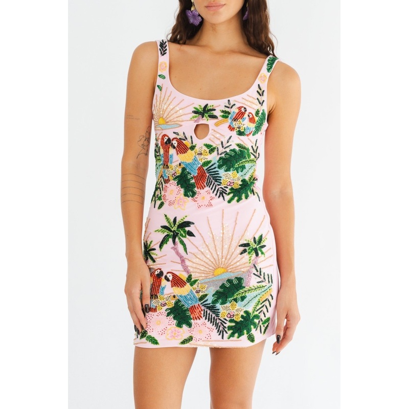 Aylin Tropical Print Party Beach Dress Pink