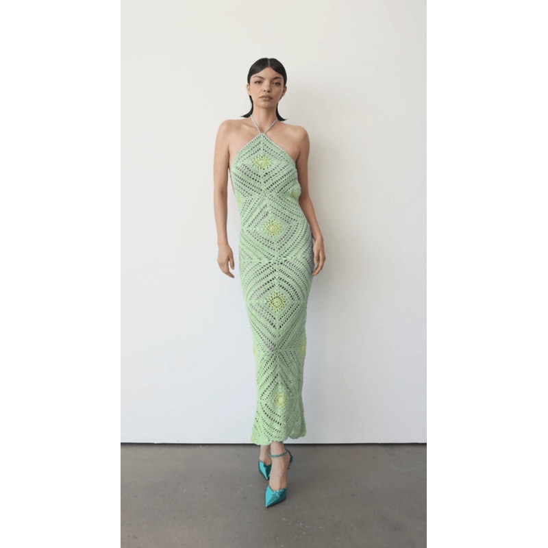 Cassie Crochet Halter Dress Green