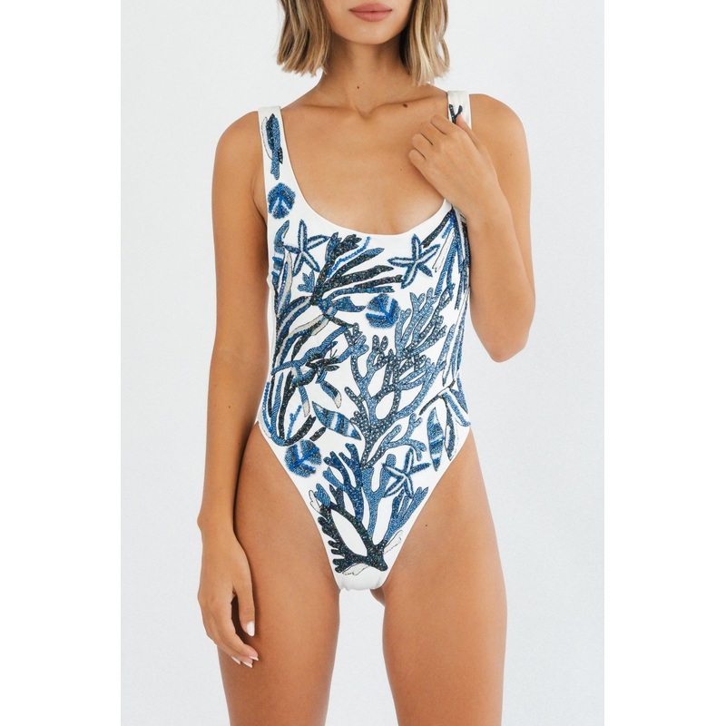 Elenora Hand Beaded One Piece Swimsuit Blue/ White