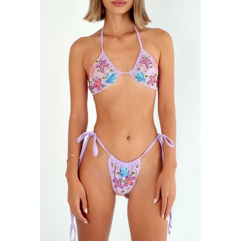 Fia Tropical Hand Embroidered Bikini Bottoms Lilac
