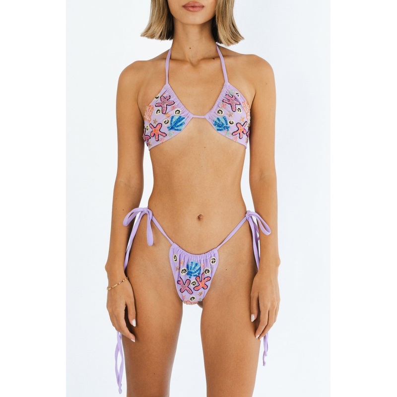 Fia Tropical Hand Embroidered Bikini Top Lilac