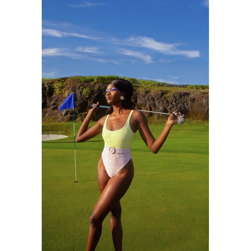 Julia Hand Beaded With Belt Swimsuit Yellow And Pink