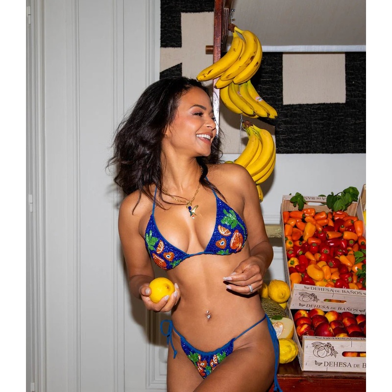 Mulata Hand-Beaded Bikini Bottom Navy Christina Milian
