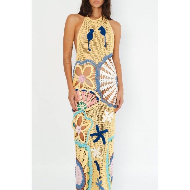 Pearl Halter Crochet Maxi Dress Multi Coloured