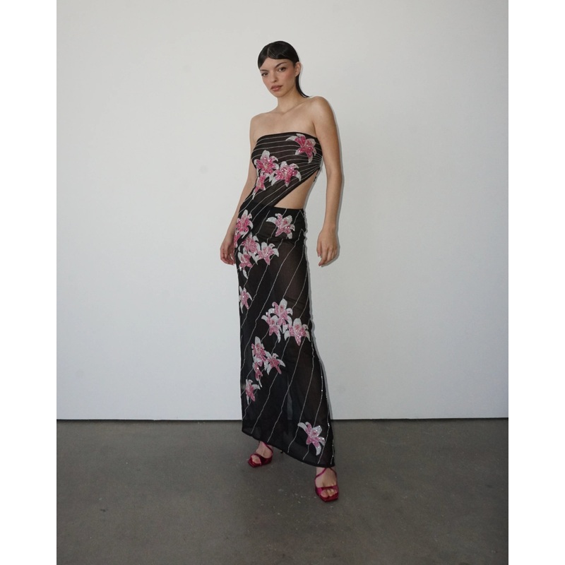 TIA Floral Embellished Georgette Black/Pink Maxi Skirt