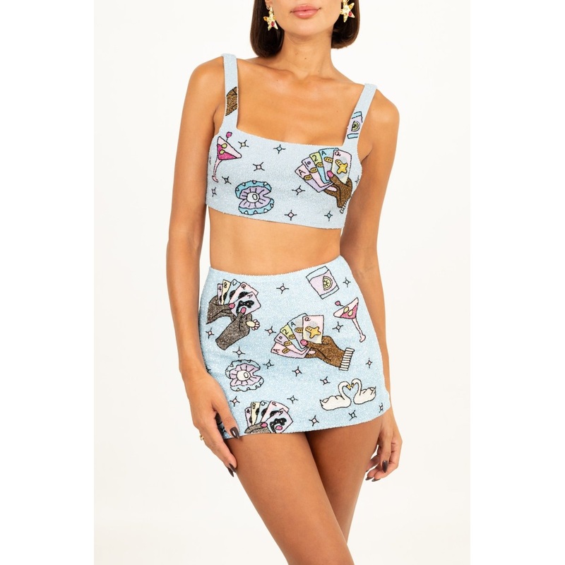 Vegas Beaded Mini Blue Party Beach Co-ord Skirt