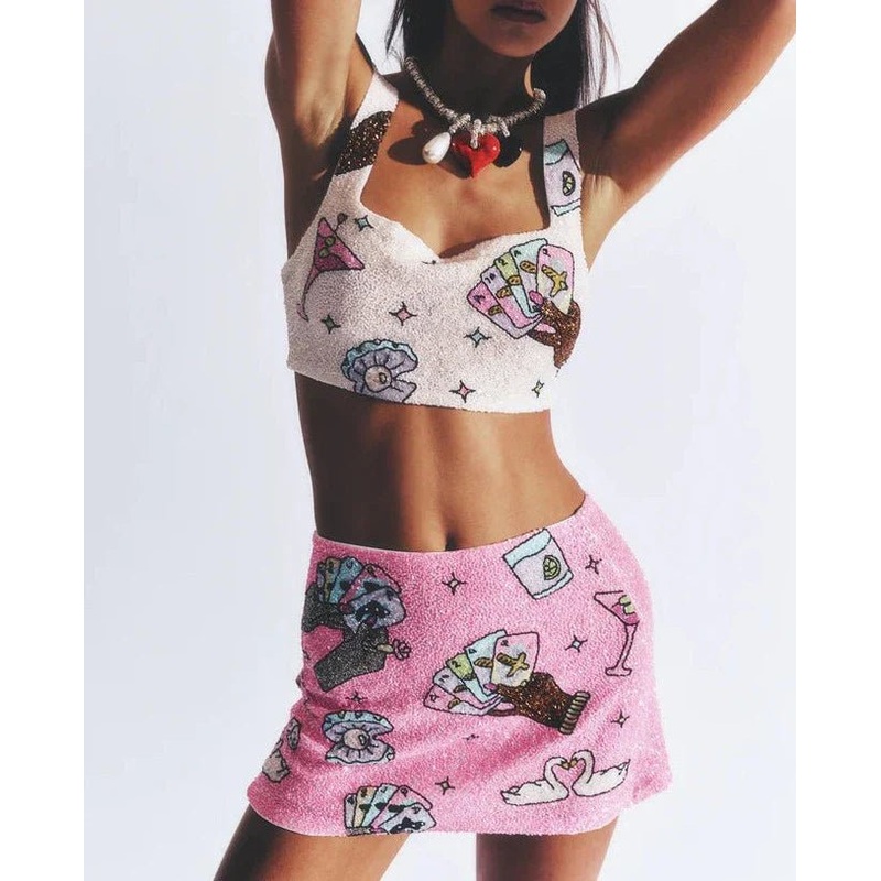 Vegas Beaded Mini Pink Party Beach Co-ord Top