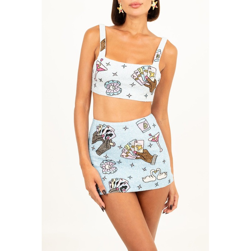 Vegas Embroidered Co-ord top Blue Sparkle