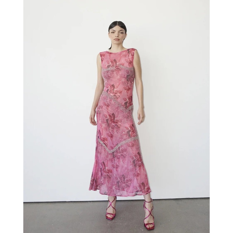 Bea Beaded Printed Chiffon Dress Pink