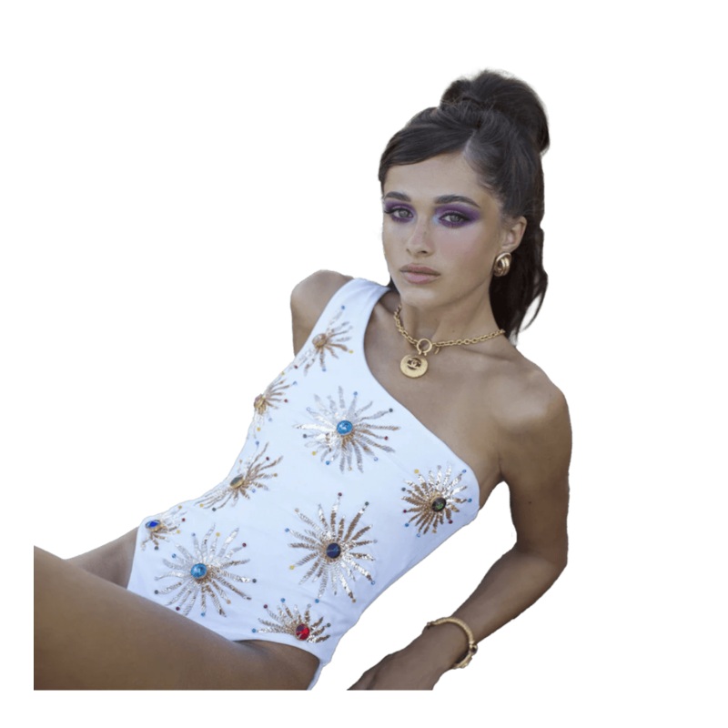 Callie One Shoulder Hand Embroidered swimsuit White
