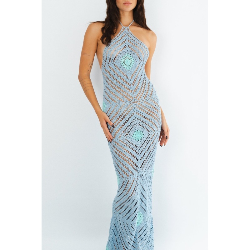 Cassie Crochet Halter Dress Blue