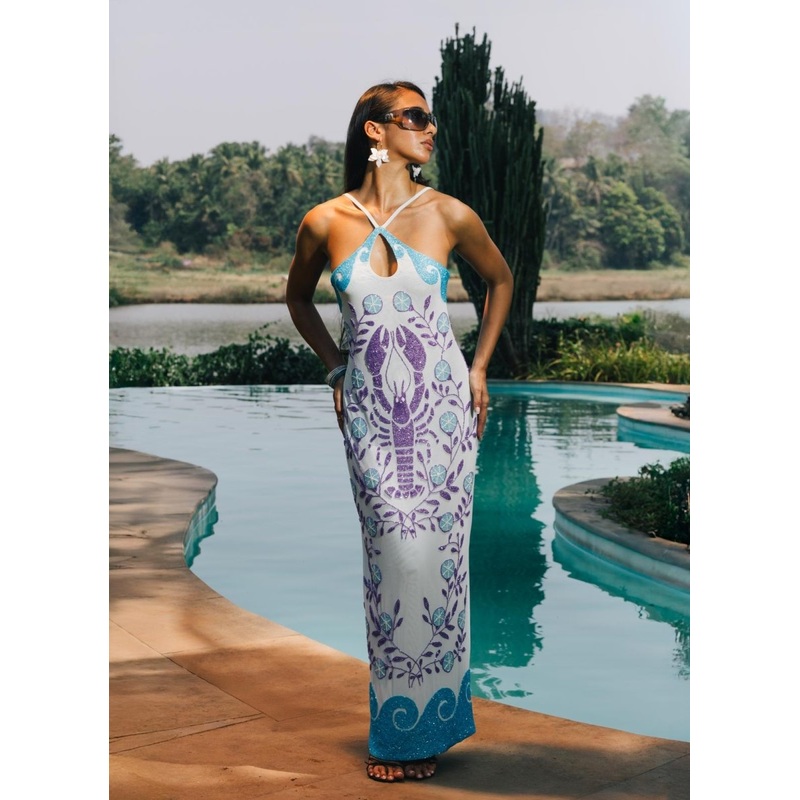 Lobster Hand Beaded Maxi Dress  Blue