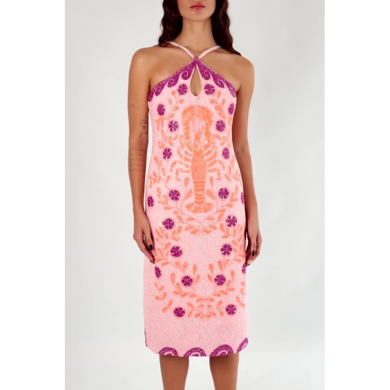 Lobster Pink Hand Beaded Midi Dress