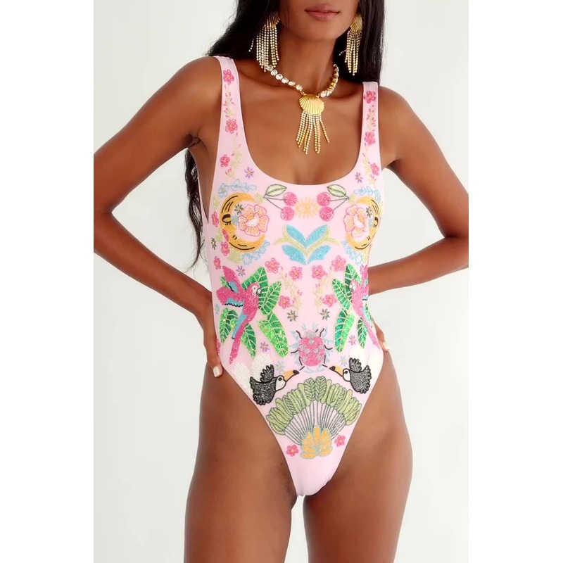 Rainforest Hand Beaded swimsuit Pink