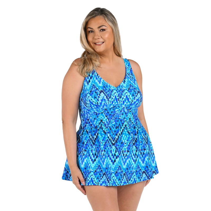 Artisan Ikat Empire Swim Dress One Piece (Plus Size)