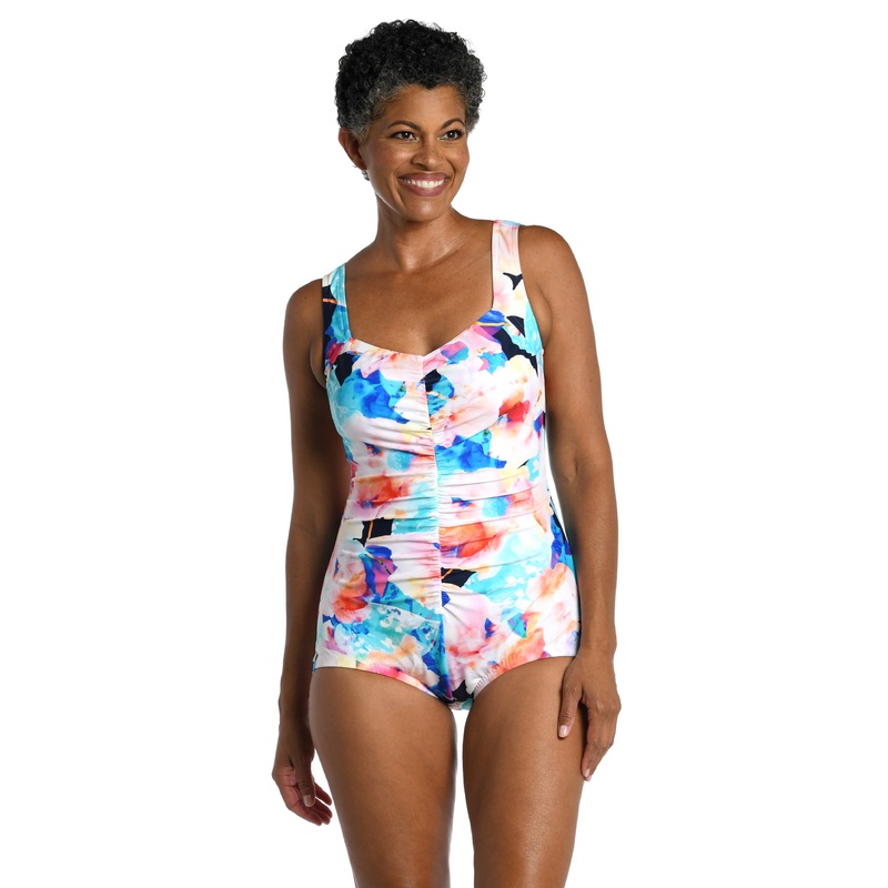 Illusion Blossoms Shirred Front Girl Leg One Piece - FINAL SALE
