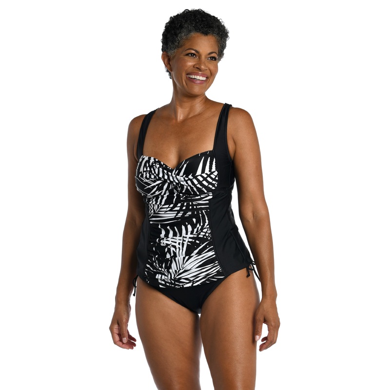 Shadow Palms Over The Shoulder Shirred Tankini Top - FINAL SALE