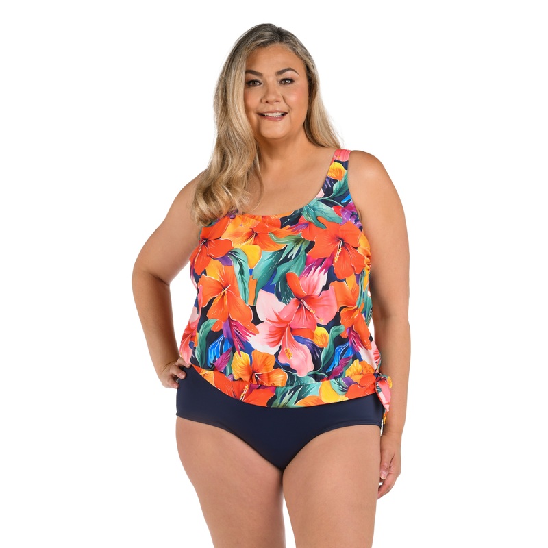 Hibiscus Honey Banded Scoop Blouson Tankini Top (Plus Size)