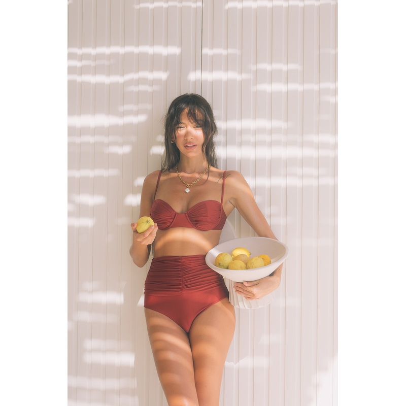 Second Skin | Shimmer ~ Super High-Waisted Ruched Bikini Bottom - Garnet Red