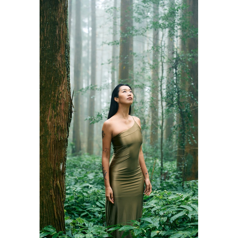 Second Skin Satiny | One-Shoulder Spaghetti Strap Maxi Dress ~ Olive Green