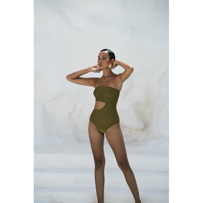 Second Skin Satiny | Strapless Cut-Off One Piece ~  Olive Green