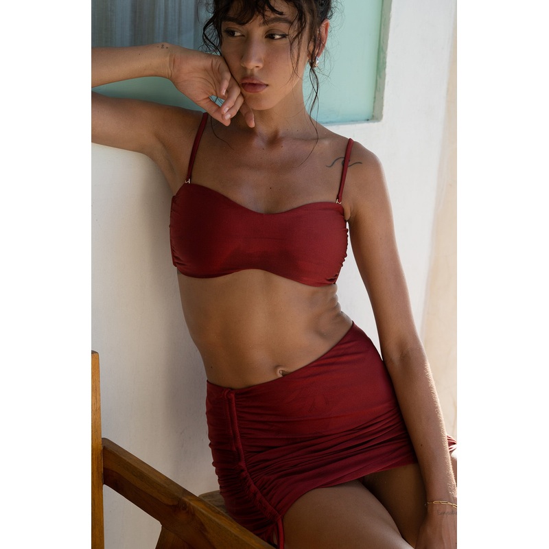 Second Skin | Shimmer ~ Spaghetti Strap Bandeau Bikini Top - Garnet Red