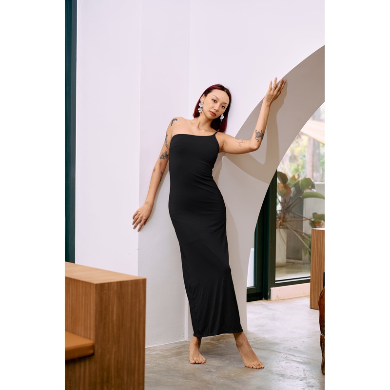The Eco Edit | One-Shoulder Spaghetti Strap Maxi Dress ~ Onyx Black