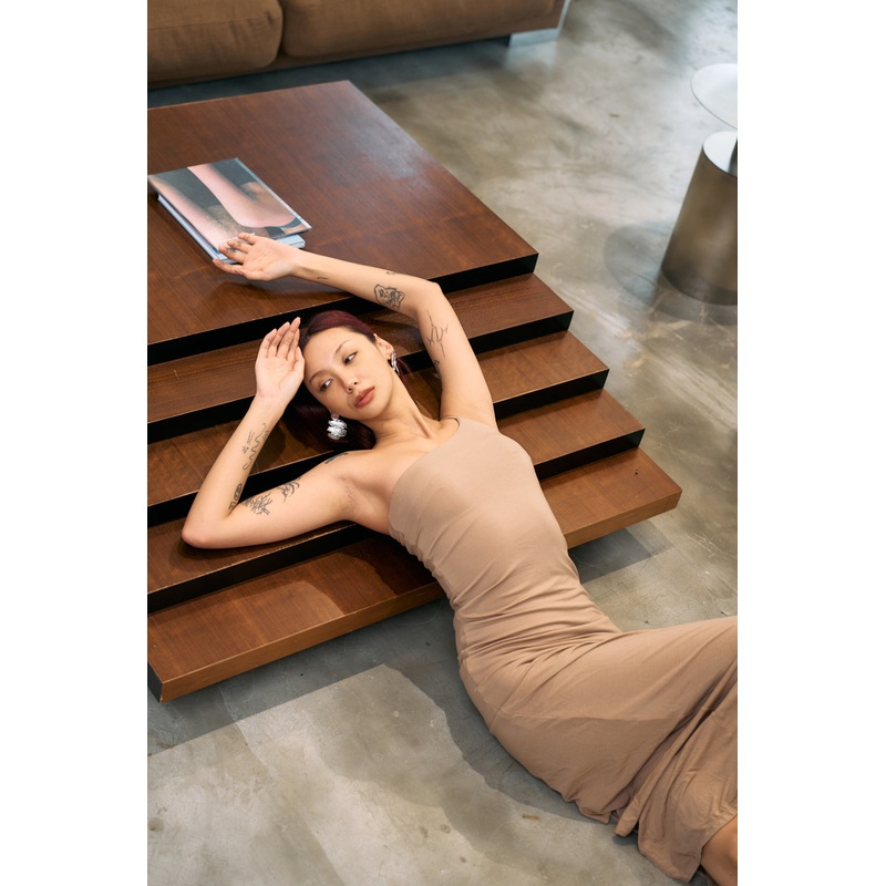 The Eco Edit ~ One-Shoulder Spaghetti Strap Maxi Dress - Shale Tan
