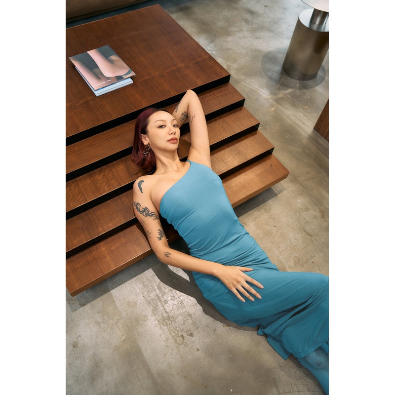 The Eco Edit ~ One-Shoulder Spaghetti Strap Maxi Dress - Trench Blue