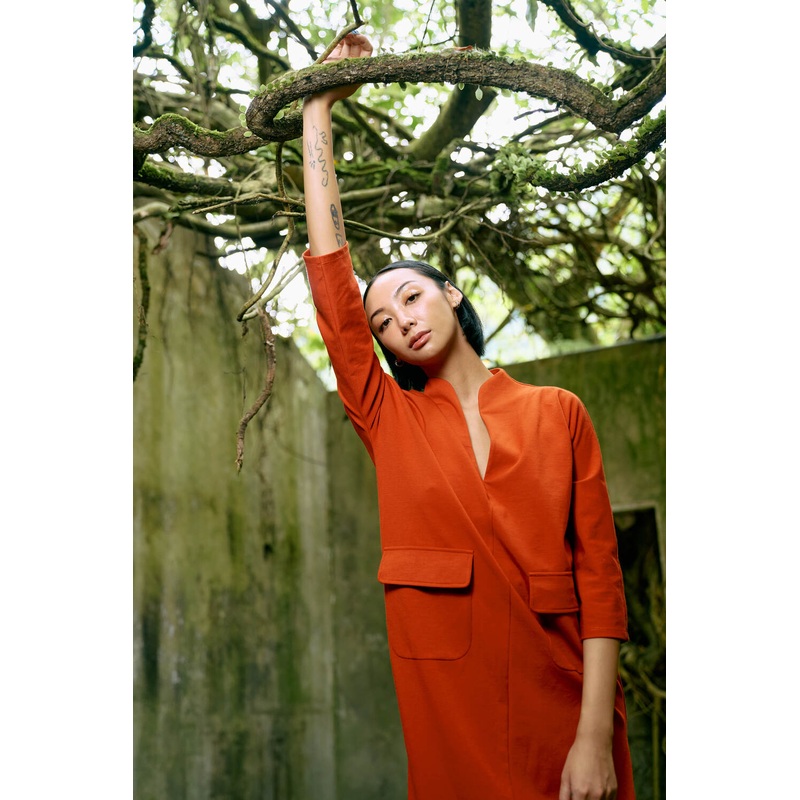 The Eco Edit ~ Straight-line pocket Maxi Dress - Tiger Orange